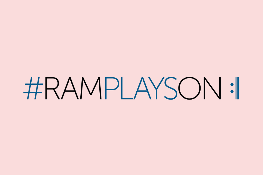 Decorative image of blue and black text for the hashtag for 'RAM Plays on', overlaid on a pink background