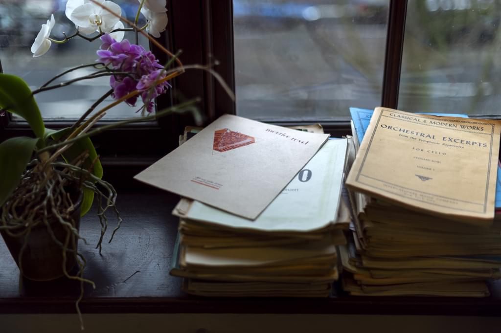 Manuscripts stacked by a window