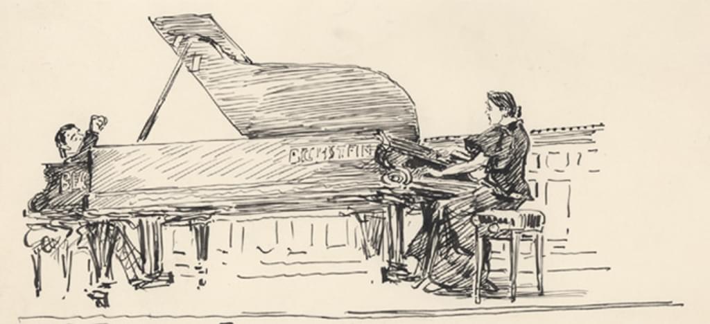 A scanned illustration from the Bartlett Collection depicting a dueting pianist and harmonium player