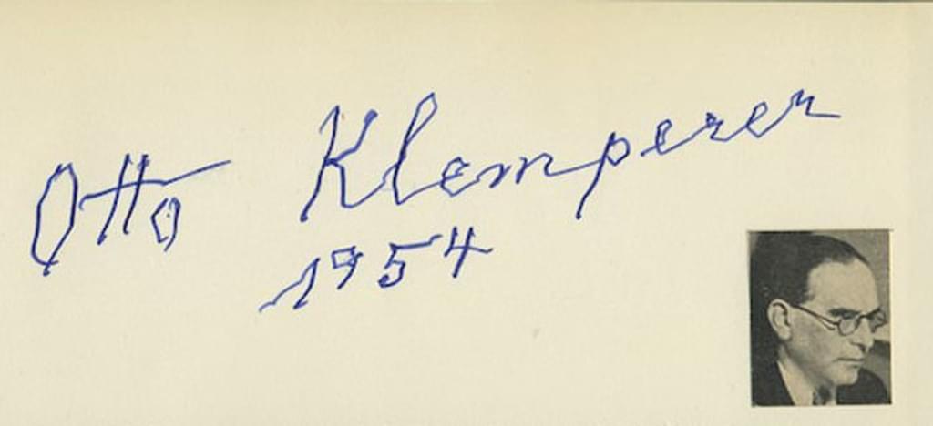 Close up of a signature, reading 'Otto Klemperer 1954', blue ink on parchment with accompanying black and white portrait of the same person.