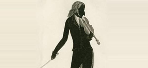 An unnamed scanned illustration depicting silhouette of a long haired person holding a violin.
