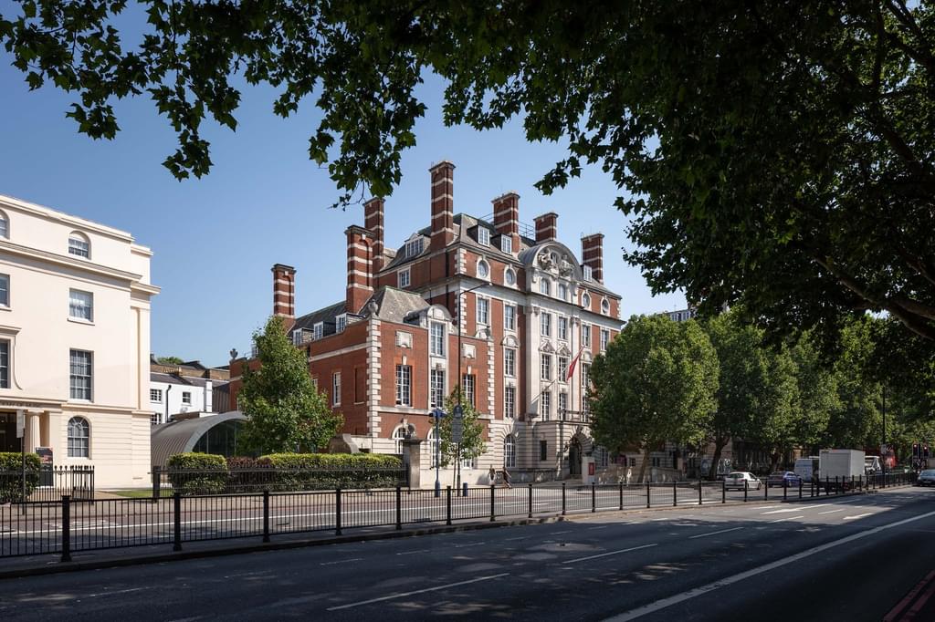 A view of the Academy exterior from Marylebone road on a sunny day