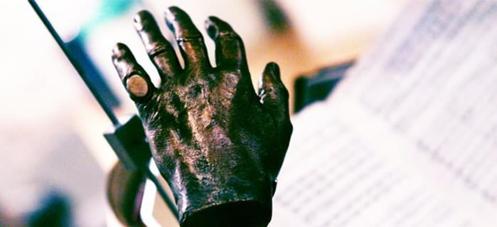 Close up of a sculpted metal hand, part of the Sir John and Evelyn Barbirolli Collections