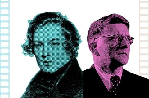 An image featuring Shostakovich, highlighted pink, and Schumann, highlighted turquoise with a film reel border