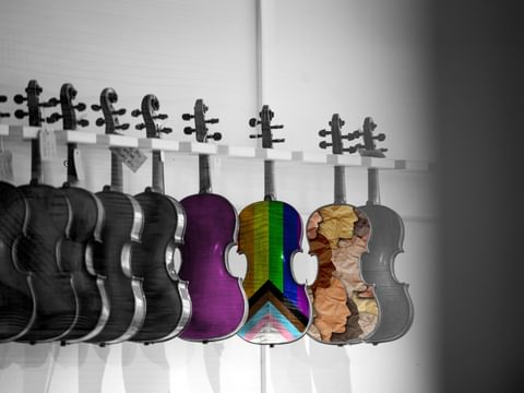 A row of violins hang on a wall, fading from grey to multi-coloured and multi-textured