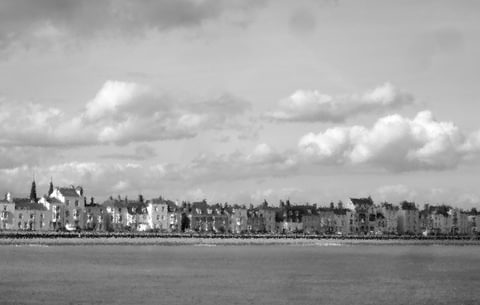 A grey, pixelated image of the seafront at Deal, Kent