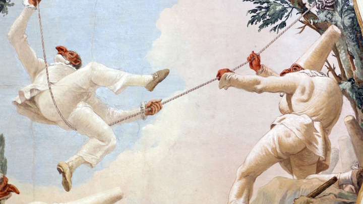 A painting by Tiepolo of two creatures in white suits swinging from a rope - 'The Swing of Pulcinella'