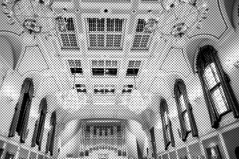 View of the ornate ceiling of the Duke's Hall at the Academy.