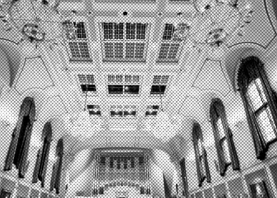 View of the ornate ceiling of the Duke's Hall at the Academy.