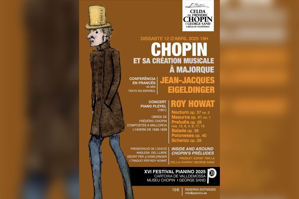 A poster advertising a Chopin lecture-recital, featuring an illustration of a man in a top-hat against a sand-coloured background
