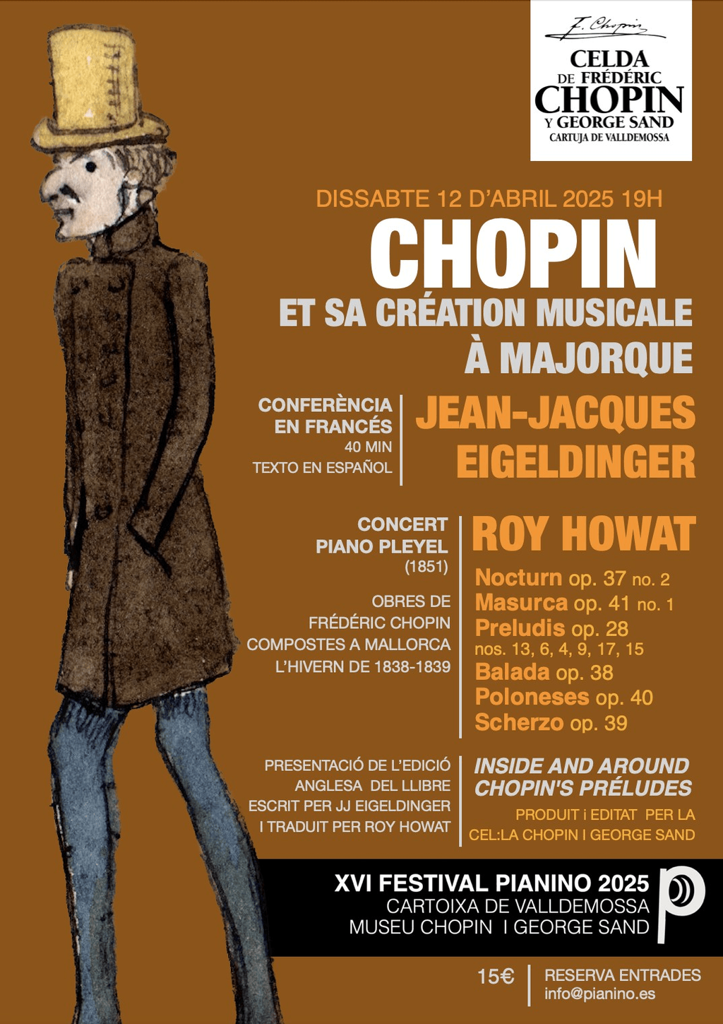 A poster advertising a Chopin lecture-recital, featuring an illustration of a man in a top-hat against a sand-coloured background