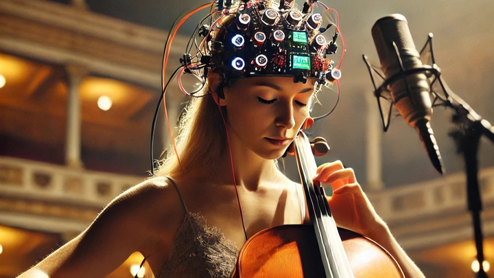 Emma Osterrieder plays the cello wearing an fNIRS cap