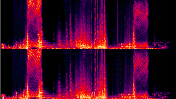 A colourful representation of frequencies on a black background - a spectrogram of Colloquy by Eric Burton Davis