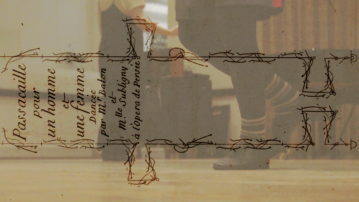 A notated representation of the dance Passacaille de Persée, written by Guillaume Louis Pécour, with two dancers performing in the background