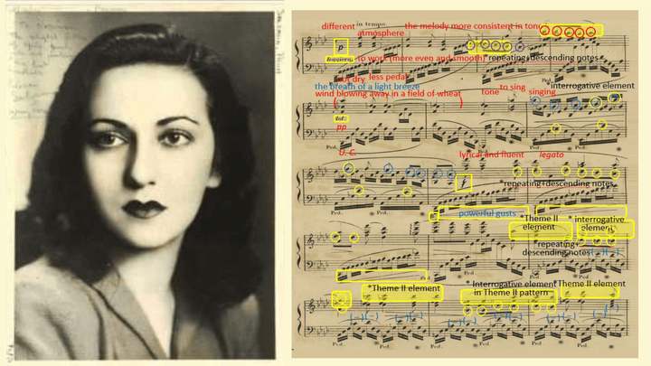 A black and white photo of a young woman with dark hair next to a score extract with highlighted sections and annotations