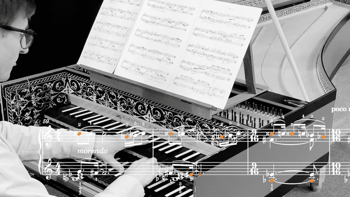 A man plays a harpsichord with graphics of musical notation imposed on top