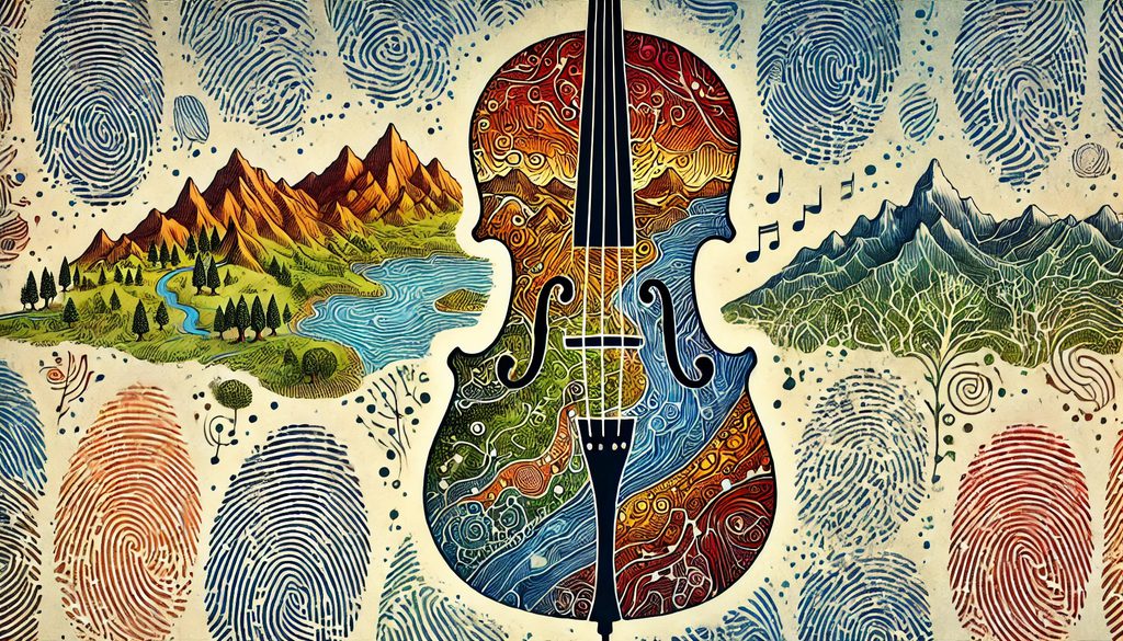 A colourful illustration of a cello on a backdrop of mountain landscapes and large fingerprints