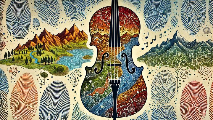 A colourful illustration of a cello on a backdrop of mountain landscapes and large fingerprints