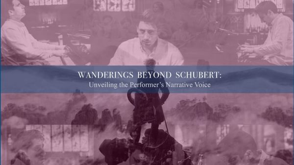 A montage of images of a man at a piano (three aspects top) and historical drawings of a man standing on a rock with his back to us (bottom) with the project title 'Wanderings beyond Schubert' across the middle.