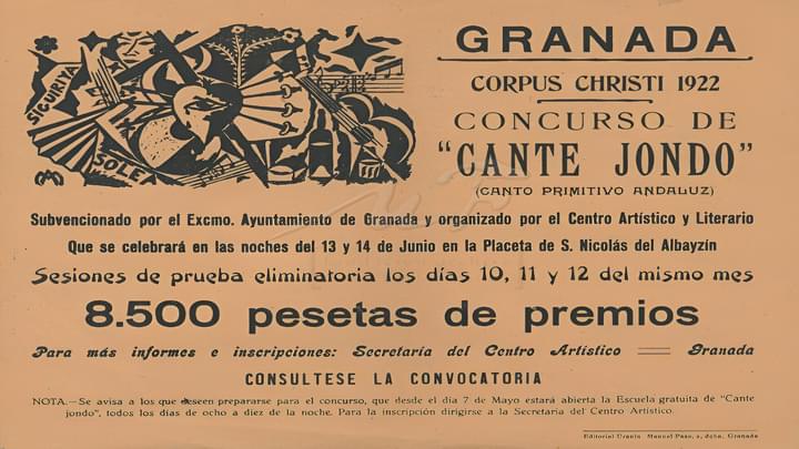 Leaflet printed in black on a brown background for the Cante Jondo Competition organised by Manuel de Falla