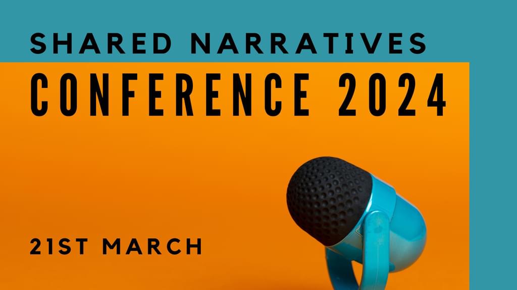 Decorative cover image for the "Shared Narratives" 2024 Conference containing a graphic of a microphone on black, orange and blue background.