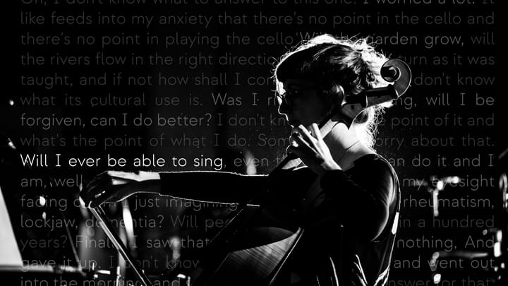 A black and white image of a woman playing a cello in profile against a black background with white running text