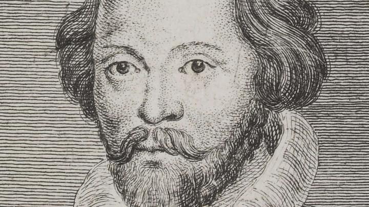 A black and white historical engraving of a man's face with a beard, moustache and wearing a ruched collar