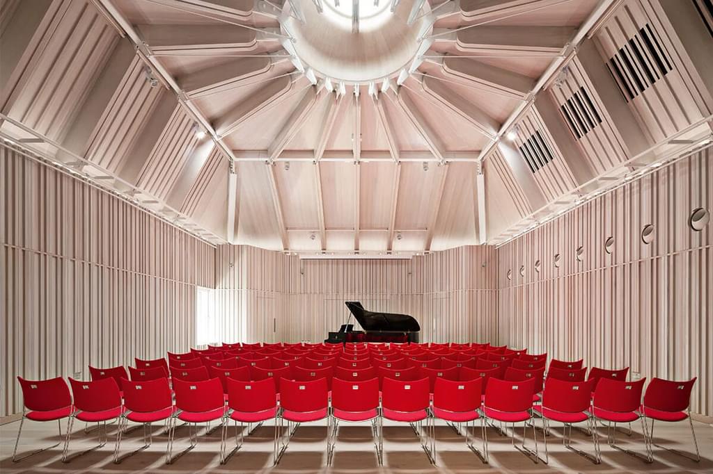 A wide shot of The Angela Burgess Recital Hall, empty