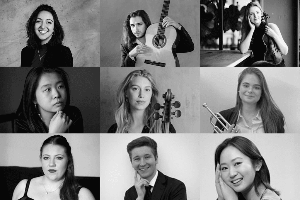 Image of the 2023/24 Bicentenary Scholars: top row, left to right: Ananda Brandão, Georgi Dimitrov, Charlotte Spruit; middle row, left to right: Xiaowen Shang, Hadewych van Gent, Jasmin Ghera; bottom row, left to right: Madison Horman, Samuel Stopford, Binny Yang.