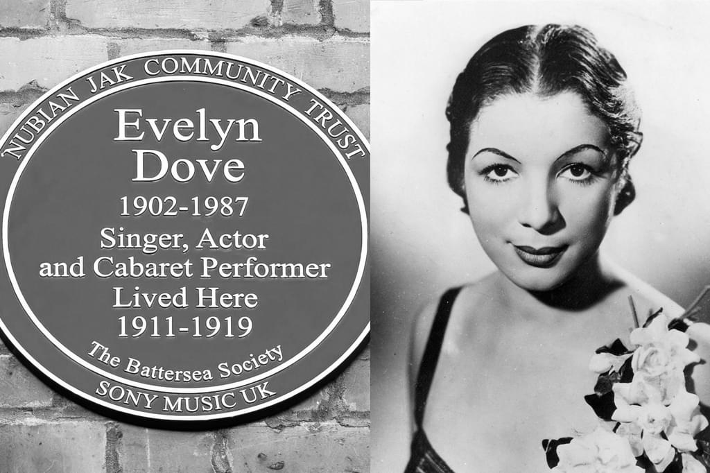 Two images side by side: Evelyn Dove's plaque on her former home, and an archive image of Eveyln
