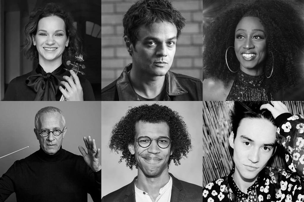 Image collage of Hilary Hahn, Jamie Cullum, Beverly Knight, James Newton Howard, Jonathon Heyward and Jacob Collier