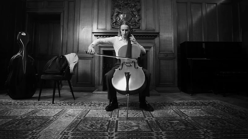 A student practices cello before an ornate fireplace