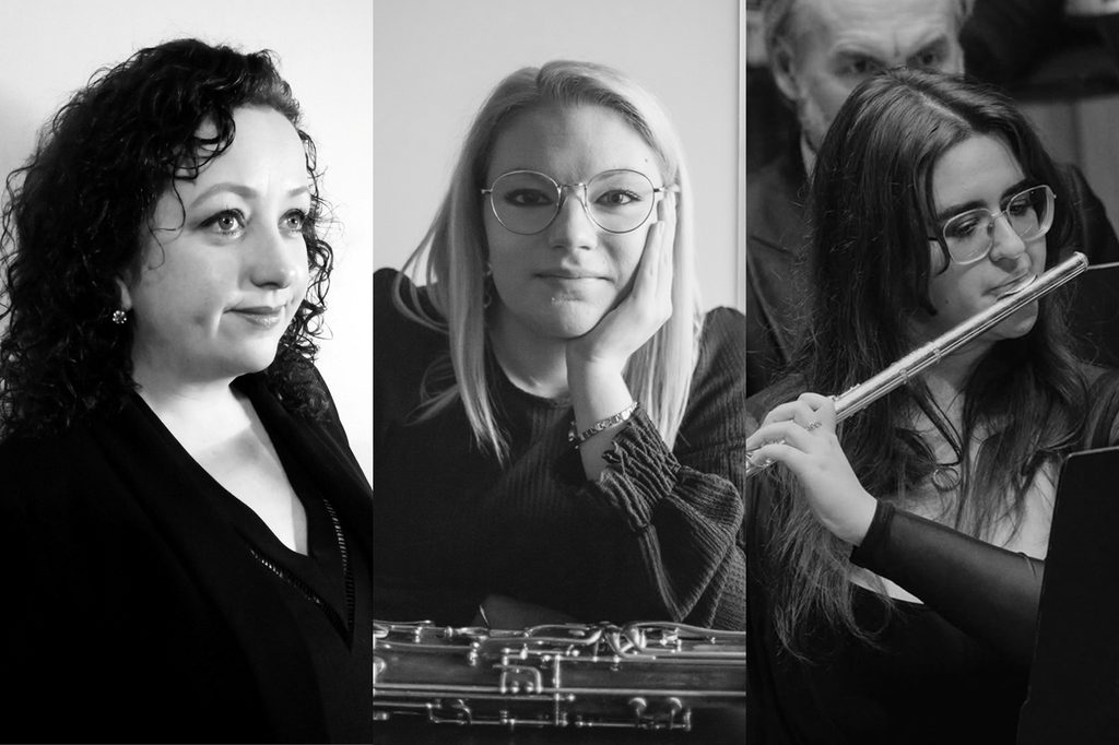 A composite black and white image of three Academy Woodwind alumni. Left to right: Sinéad Frost (looking away from camera), Guylaine Eckersle (looking into camera with a bassoon), Ieva Kuprevičiūtė (pictured playing the flute in a concert)