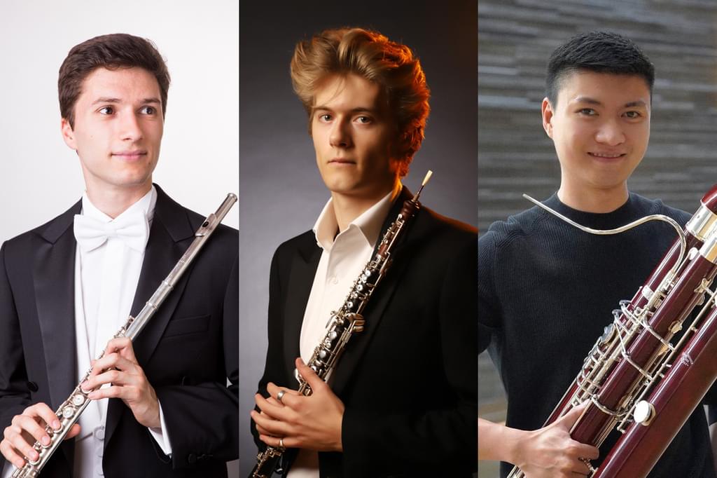 Composite image of three woodwind players in concert attire
