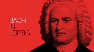 Decorative halftone posterised portrait image of Bach against a royal red background, featuring the word 'Bach in Leipzig'