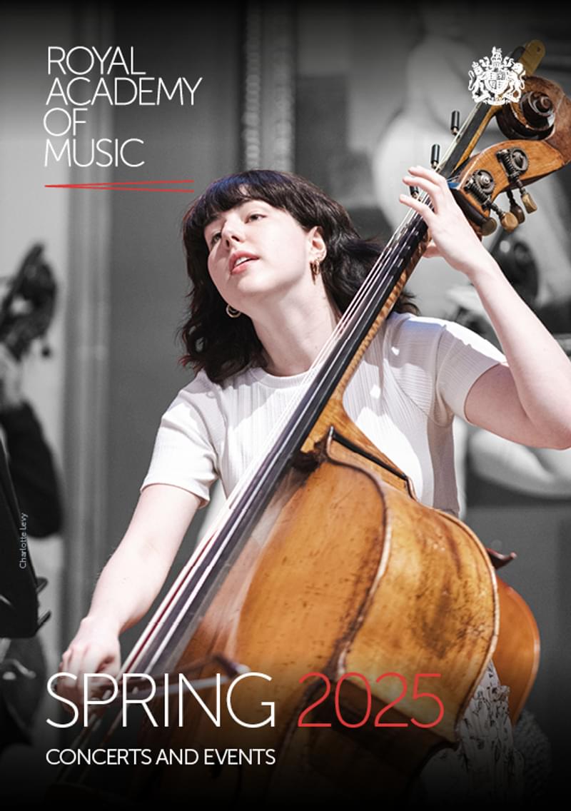 An image of a student playing the cello, with the Royal Academy of Music logo and the title 'Spring 2025' superimposed
