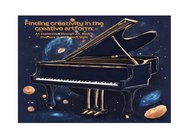 Coloured drawing of a black grand piano on a dark blue background with stars and planets