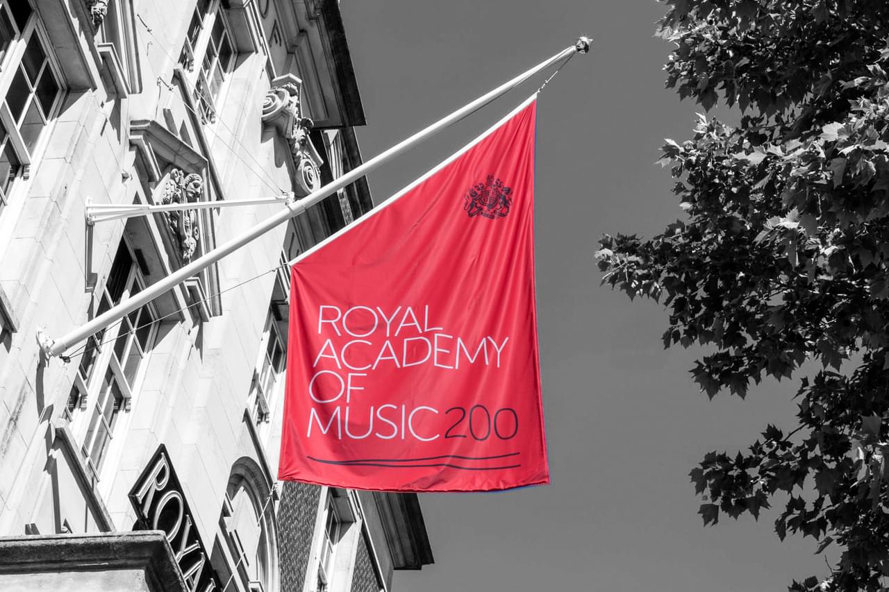 Flag with text 'Royal Academy of Music 200'