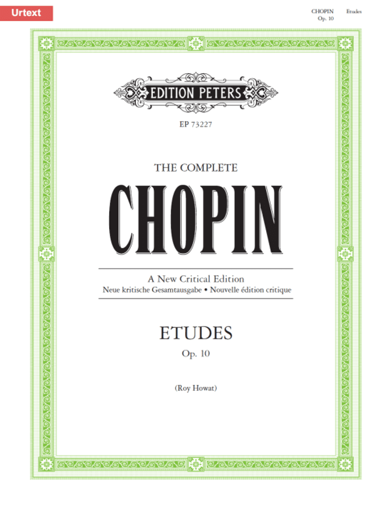 Decorative front cover image of Roy Howat's 'Fryderyk Chopin, 12 Etudes, Op. 10' with title text within a green border