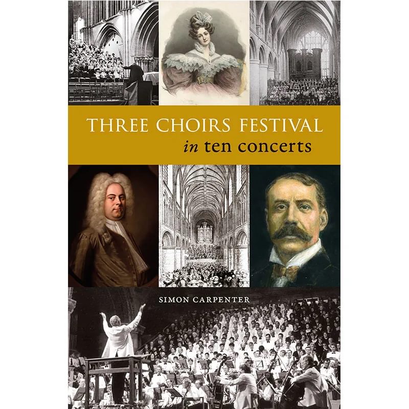 A book cover showing paintings and line drawings of historical composers and venues arranges in blocks around the title