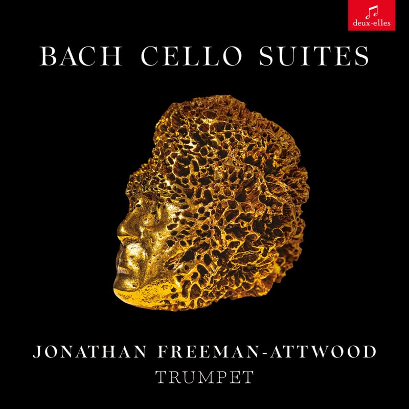 The album cover for Bach Cello Suites for Trumpet by Jonathan Freeman-Attwood, featuring an image of a Gilded Bronze sculpture of Bach