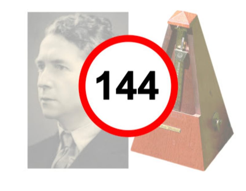 A headshot photo of a man in profile next to a picture of a metronome with '144' over the top in a red circle like a speed limit road sign