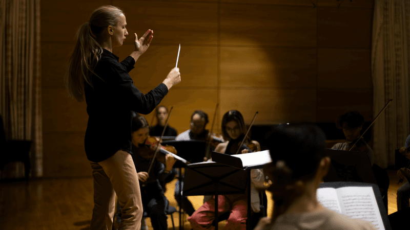 A conductor leads a workshop